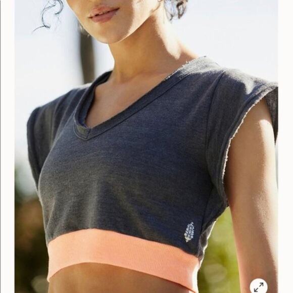 Free People Tops - Free People Happy Camper Crop Tee Gray Orange Deep V-Neck NWT Brand New Sz Large